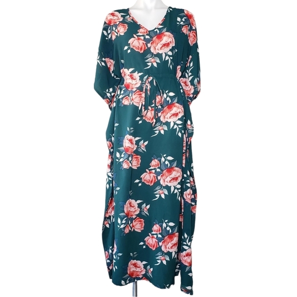 Agnes & Dora | Emerald Teal Floral Cinch Waist Bat Wing Dress Swim Cover S - Picture 1 of 6